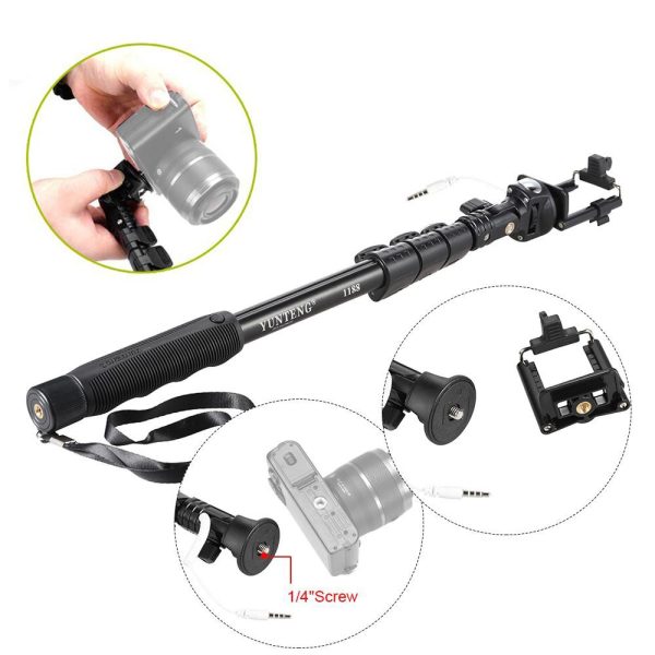 Monopod Yunteng 1288 extendido con control Bluetooth recargable.